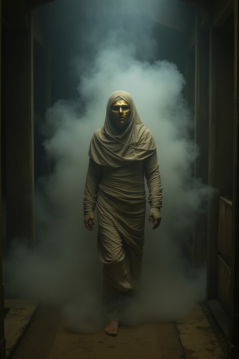 A mummy's ancient form emerges from a misty tomb, shrouded in an otherworldly aura. The linen-wrapped corpse appears to be swaddled in a protective energy field, its gold mask glinting softly within the eerie light. The air is thick with the scent of aged papyrus and forgotten history.,impian