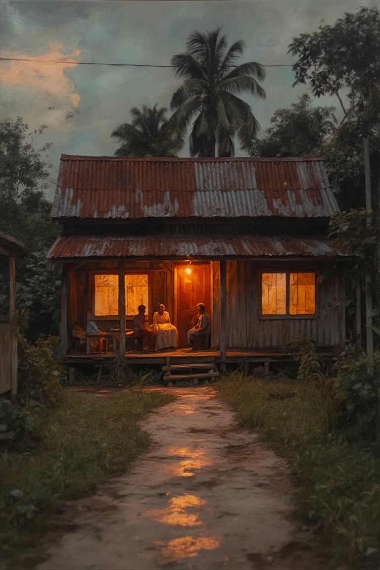 A warm glow emanates from the wooden house as a Malay family sips tea on the creaky porch. The rustic wooden boards and rusty metal roof are illuminated by the soft light of the setting sun casting long shadows across the dirt path. The family's laughter and gentle chatter fill the evening air, as they sit together in comfortable silence, surrounded by the simplicity of their humble abode.,softcolor,peribadi