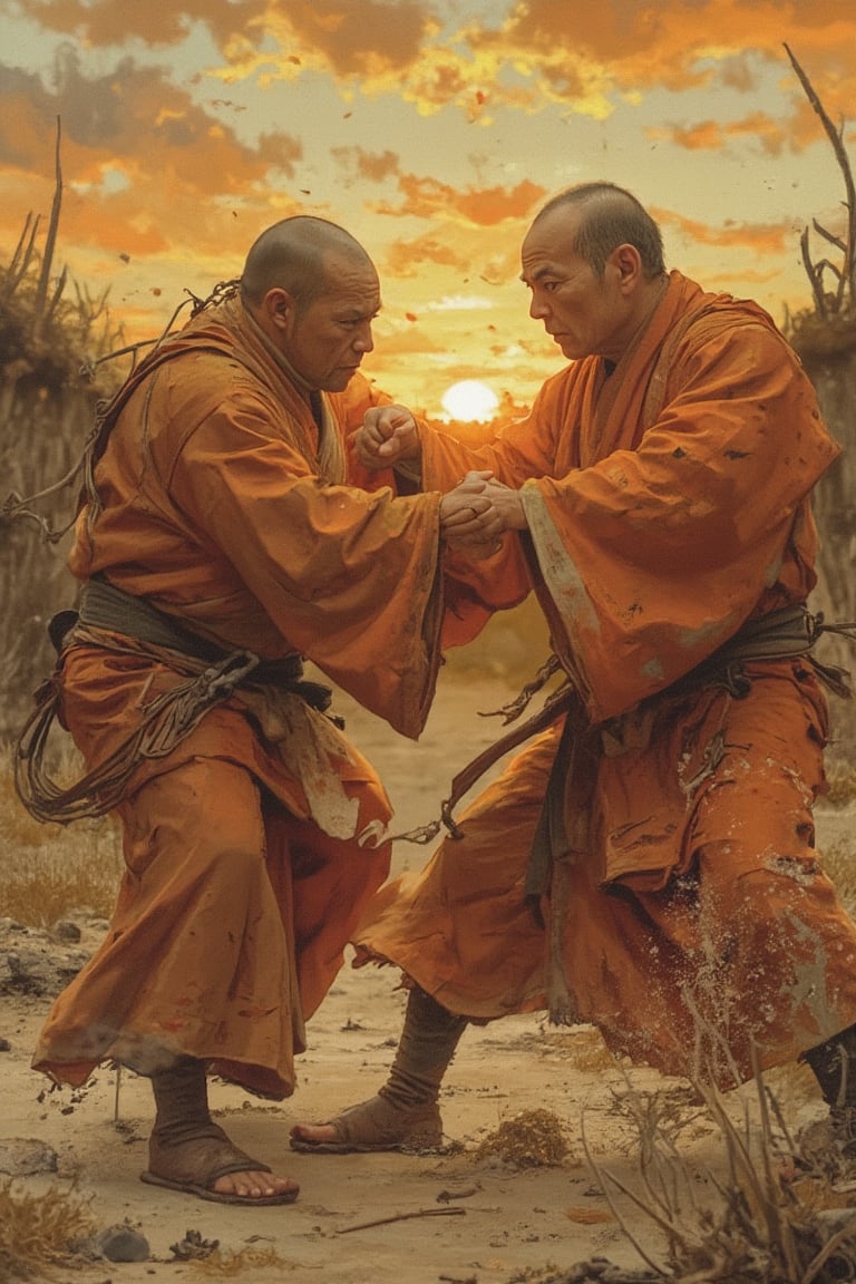 A chubby monk, dressed in a worn-out orange robe, unleashes a flurry of awkward yet determined kicks and punches against a nimble Kung Fu master. The setting sun casts a warm glow on the dusty terrain as the two combatants exchange blows. The monk's fatigued face contorts with effort, while the master's focused gaze remains unwavering. Manga  Yakuza Kamui X Georgia O'Keeffe,peribadi