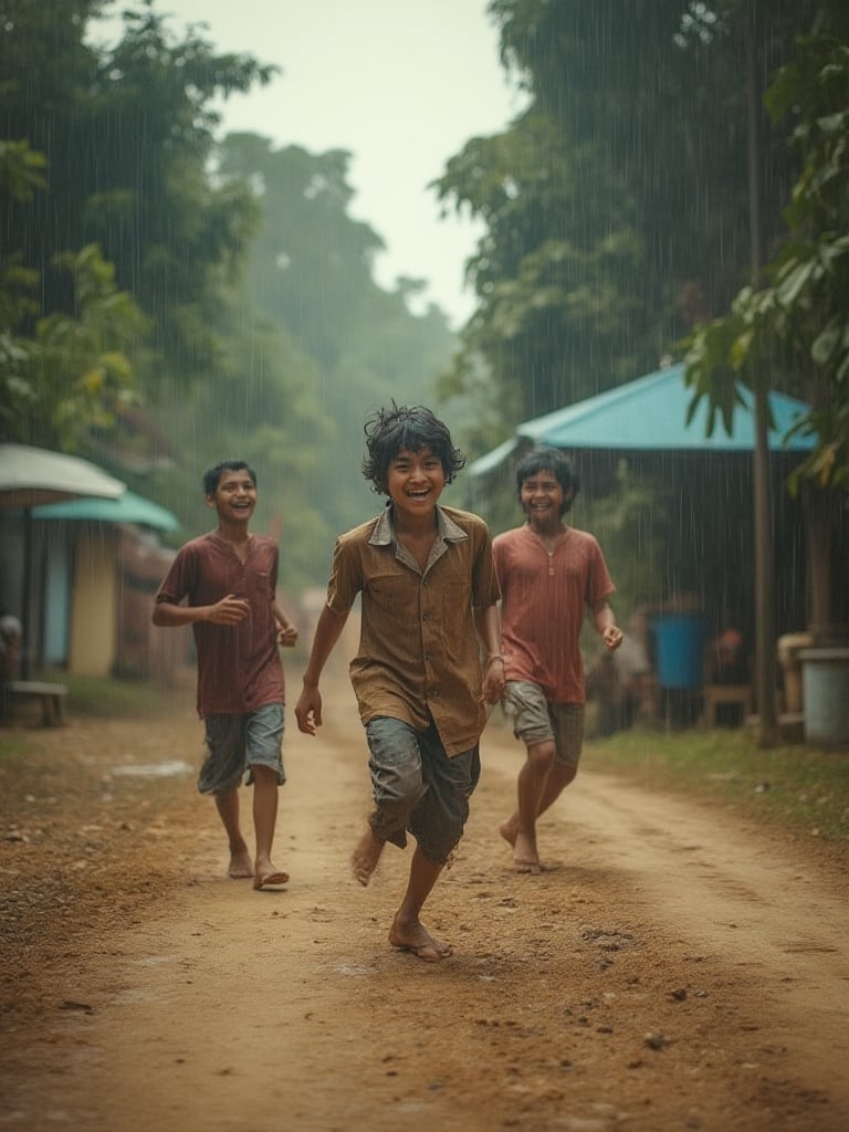 Children's laughter echoes through the misty air as they playfully tumble and kick along a worn dirt path, raindrops gently pattering down around them. The camera frames the joyful scene from a slight angle, capturing the kids' carefree antics amidst the natural drizzle.