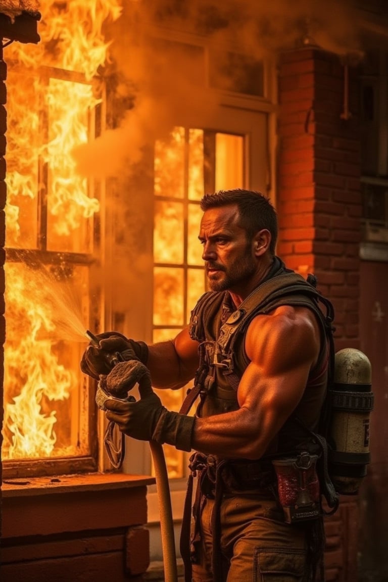 A dramatic scene unfolds as a strong-armed man, dressed in rugged clothing and sporting a determined look, attempts to extinguish a blazing fire engulfing a classic-style firehouse. The flames lick at the windows, casting a warm orange glow on his determined face. Smoke billows out, obscuring the background as he strains against the intense heat.,terpaling