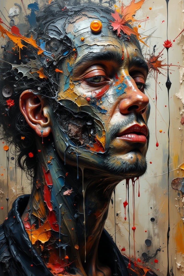 (An abstract depiction of a man's visage, rendered in the distinctive style of Ayami Kojima, evokes fragmented recollections, while the influence of Yoann Lossel emerges in the intricate, multi-layered figures, the interplay of contrasting tones, and the richly patterned imagery), detailed textures, high quality, high resolution, high Accuracy, realism, color correction, Proper lighting settings, harmonious composition, Behance works, minimalist hologram, DonMH010D15pl4yXL, DonMD1g174l4sc3nc10nXL,Vibrant Visual