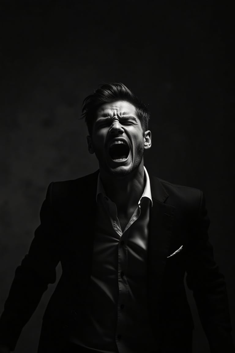 Creates a hyper-realistic image of a handsome man in a dark room, the man screams, the mood is furious, lost in a harsh, black and white photograph, with a high level of detail and sharp focus. Extremely realistic, still photo from the movie, elegant, Latin man, young, handsome.,Dinamic Dramatic