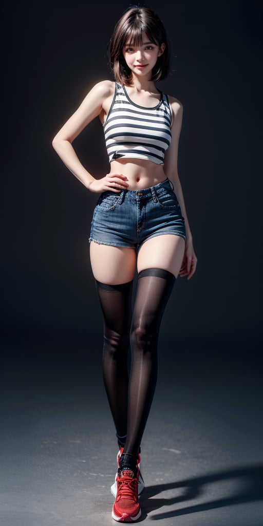 (Taiwanese girls,perfect face,1 girl, cute, short hair, thick bangs, (black and white stripes short top, ), (jeans, tight shorts, very short), (black stockings,Thigh High Stockings) , running shoes, standing, smile, (rouge: 1.5), (Full body photo: 1.4)),(aesthetic),(perfect composition),(beautiful female fingers,FuturEvoLabBeautify), 64k resolution, sharp details, high definition without distortion, super detailed and clear,HD,(masterpiece), (8k, photorealistic, RAW photo, best quality), (1girl), beautiful face, (realistic face), realistic eyes, beautiful detailed eyes, (realistic skin), beautiful skin, clean skin, ultra high res, ultra realistic, hightly detailed, golden ratio,)