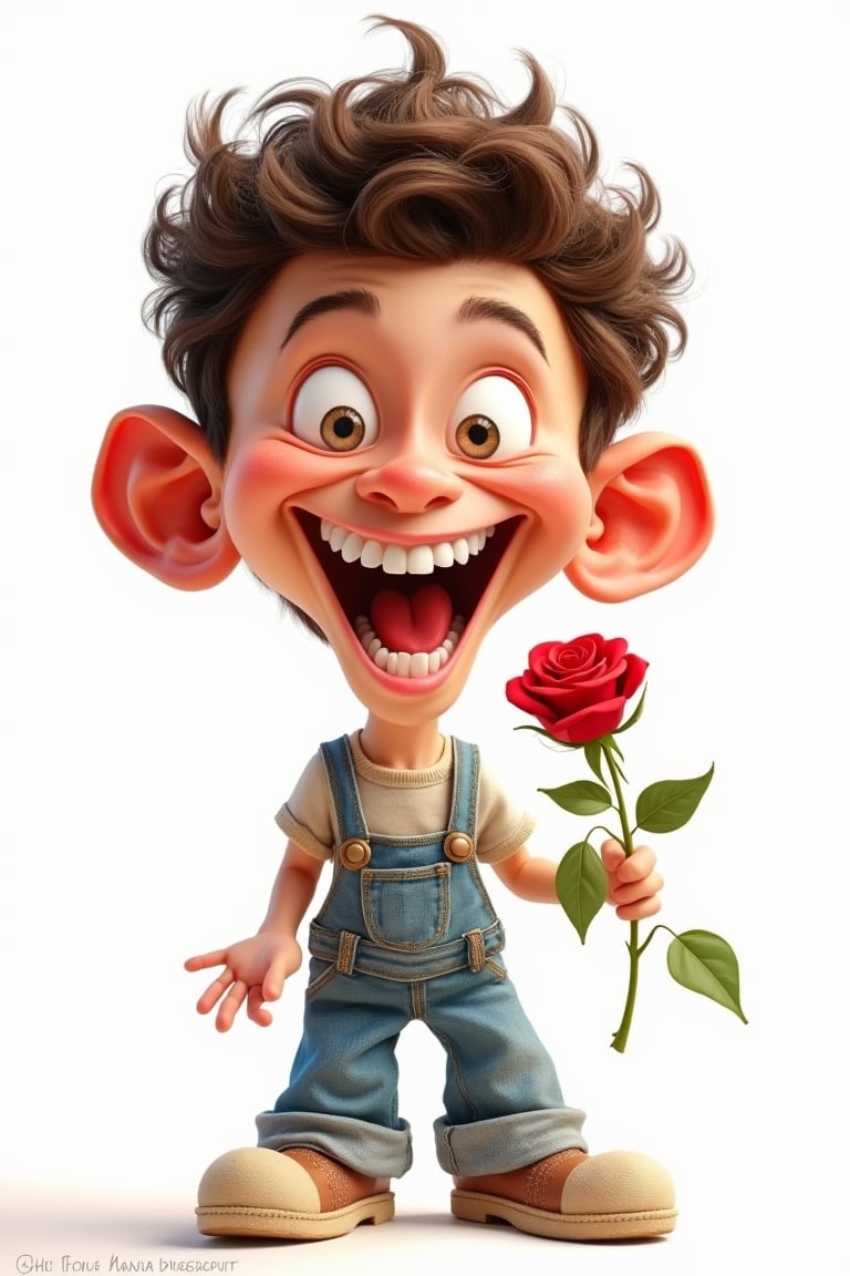 A humorous caricature of Hanna, featuring a boy with a wide smile revealing bright white teeth, holding a red rose. The scene is brightly lit, with the boy's joyful expression and the red rose standing out against a simple background. The boy is framed mid-shot, his pose relaxed and cheerful, with the red rose held delicately in his hand. The composition emphasizes his exaggerated features and the vibrant color of the rose.