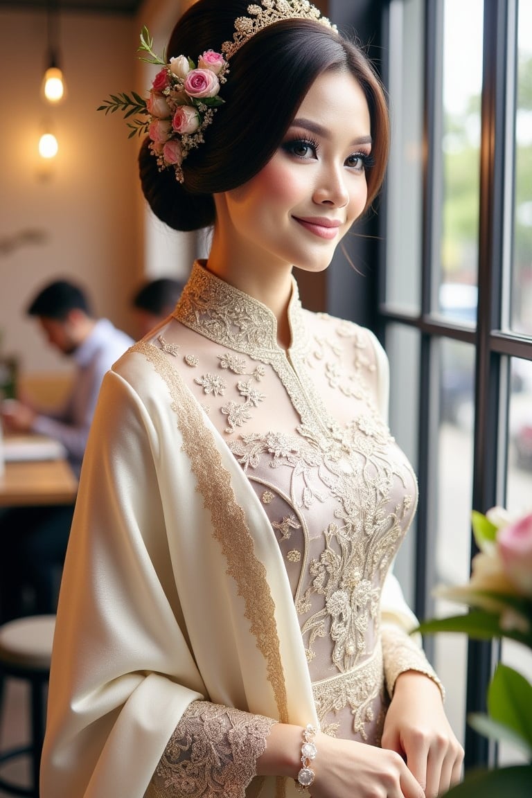 A captivating full-body shot of a beautiful Malay lady, standing elegantly at a modern restaurant. She wears a silky cotton kebaya with pastel shoulder veil, paired with modern buns adorned with a delicate flower tiara. The soft natural lighting enhances her serene expression and the luxurious texture of the attire. The composition frames her poised posture, capturing the intricate details of the traditional and contemporary elements in her ensemble.