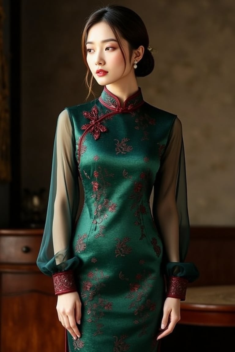 A stunning digital portrait of Hanna in a traditional dark emerald cheongsam, elegantly tailored with a high mandarin collar. The fabric is adorned with subtle floral patterns in deep red, woven into the emerald green fabric, featuring long, sheer sleeves contrasting with the solid, richly textured body. Intricate red embroidery at the neckline and cuffs accentuates the elegance. Hanna's hair is styled in a simple updo pixie, with loose strands framing her serene face. Soft, moody lighting casts gentle shadows, enhancing the emerald green and red contrasts. The background is softly blurred with muted tones, focusing attention on the dress and Hanna's graceful expression.