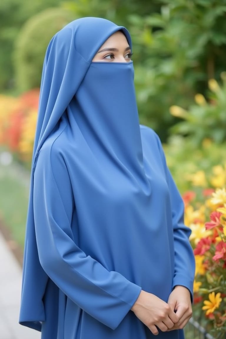 A beautiful Muslimah named Hanna, wearing a burqa that covers her nose and mouth, standing beside a beautiful flower bed. She is dressed in a blue abaya, with the scene framed to highlight the vibrant flowers around her. The lighting is soft and natural, enhancing the serene atmosphere. Hanna's posture is composed, with a gentle, thoughtful expression. The background features a garden with blooming flowers, creating a peaceful and colorful setting.