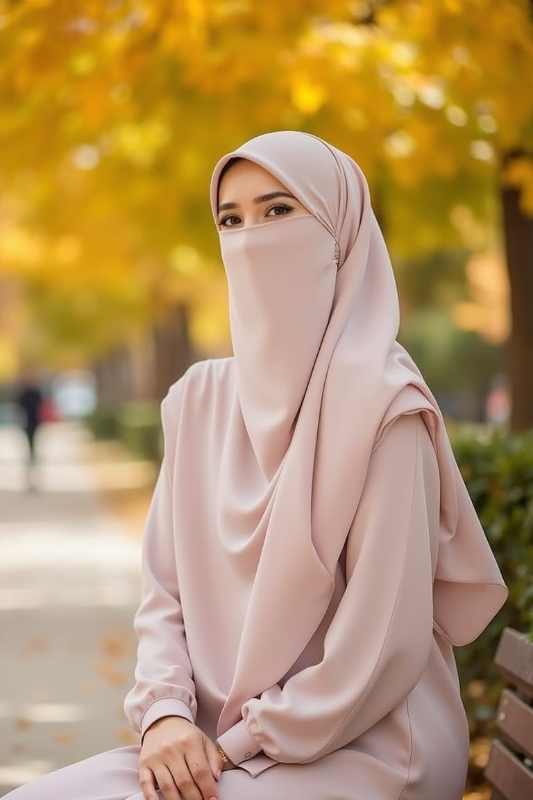 A beautiful Muslimah named Hanna, wearing a burqa that covers her nose and mouth, sitting on a bench under a falling autumn tree. She is dressed in a pastel-colored abaya, with the scene framed to highlight the golden leaves gently falling around her. The lighting is soft and warm, enhancing the serene atmosphere. Hanna's posture is composed, with a gentle, thoughtful expression. The background features a park with autumnal foliage, creating a peaceful and colorful setting.