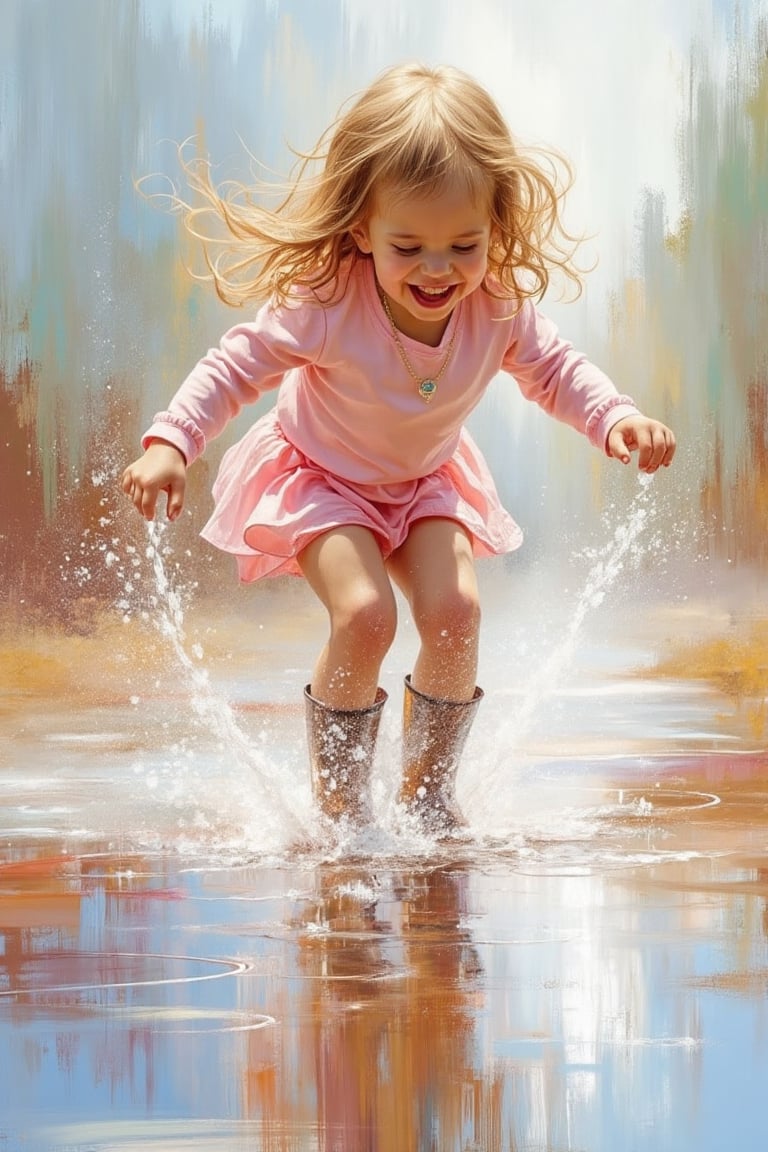 Abstract depiction of Hanna, a cute little girl, wearing boots, joyfully jumping into a puddle, splashing water, with a bright, playful expression, framed mid-shot, soft pastel colors, hard brush stroke painting style, dynamic composition capturing the moment of impact, soft natural lighting.