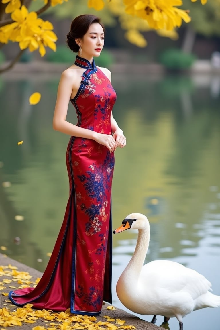 A stunning woman named Hanna in a red and blue satin cheongsam, standing elegantly by a serene lake. She is accompanied by a white swan, with yellow petals gently falling around her. The scene is captured by a photographer, with soft natural lighting highlighting the intricate details of the cheongsam and the serene beauty of the lake. The composition frames Hanna and the swan together, creating a harmonious and picturesque moment.