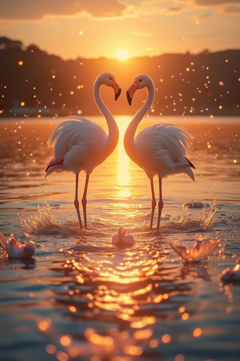 Two flamingos named SparkGlow.hanna standing gracefully on the lake shore, with fish jumping and creating water splashes around them, illuminated by the soft, warm light of a sunrise. The scene is filled with sparkling dew drops and the golden hues of the rising sun. The composition is dynamic, with the flamingos in the foreground and the tranquil lake and distant landscape in the background.