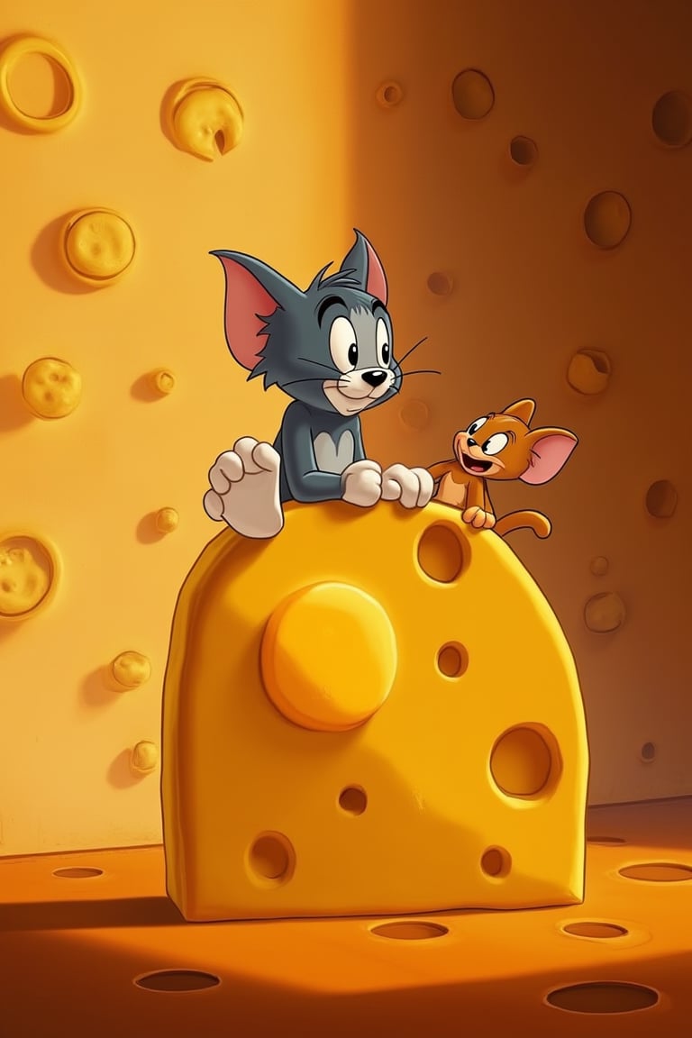 Pixar-style animation, Hanna-Barbera cartoon, Tom and Jerry sitting on a giant cheese wheel, playful lighting, detailed background with animated cheese textures, dynamic composition, humorous atmosphere, vibrant colors, mid-shot framing.