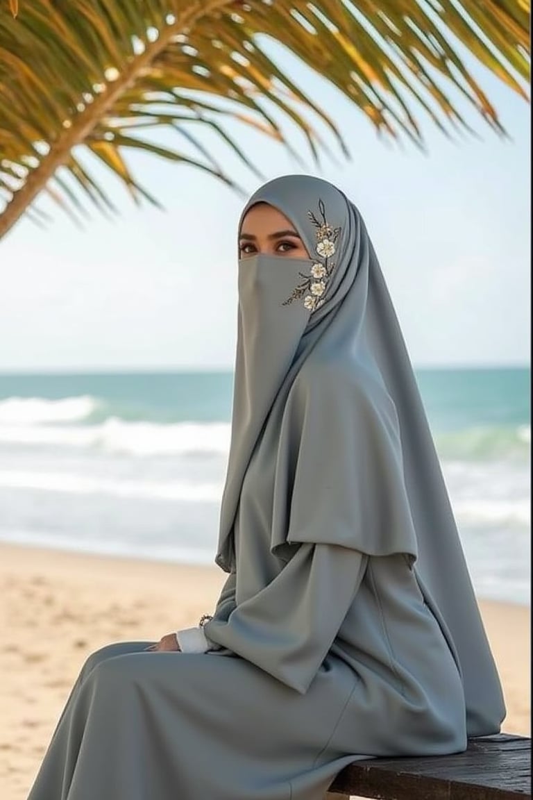 A stylish Muslimah named Hanna, wearing a beautifully designed niqab with flora printed hijab and minimalist flowers, covering her nose and mouth, sitting on a bench under a palm tree at the beach. The scene is framed with the ocean waves gently rolling in the background, creating a soft, warm lighting. Hanna's posture is composed and serene, her gaze thoughtful. The background features a serene beach with a palm tree, enhancing the peaceful and tropical atmosphere.