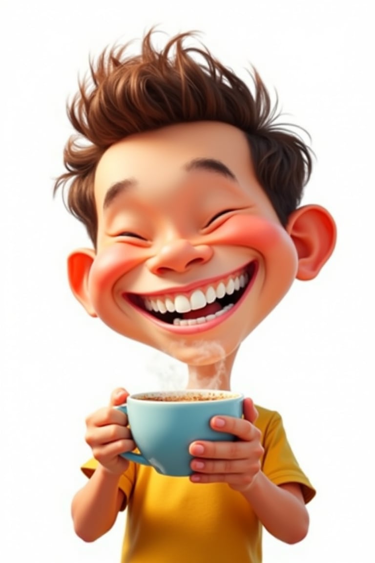 A humorous caricature of Hanna, featuring a boy with a wide smile revealing bright white teeth, holding a cup of hot coffee and blowing on it. The scene is brightly lit, with the boy's joyful expression and the steaming coffee standing out against a simple background. The boy is framed mid-shot, his pose relaxed and cheerful, with the cup of coffee held delicately in his hand as he blows on it. The composition emphasizes his exaggerated features and the vibrant action of blowing on the coffee.