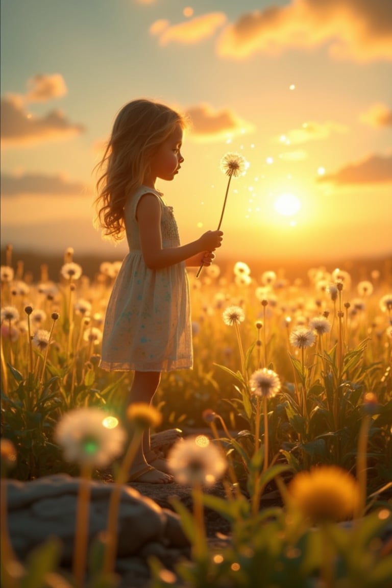 A cute little girl named SparkGlow.hanna standing on a stone in a wildflower field, blowing a dandelion flower with a spark and glowing effect, surrounded by sparkling dew drops under the soft, warm light of a sunrise. The scene is bathed in the golden hues of the rising sun, with the girl in the foreground and the vibrant wildflowers stretching out in the background.