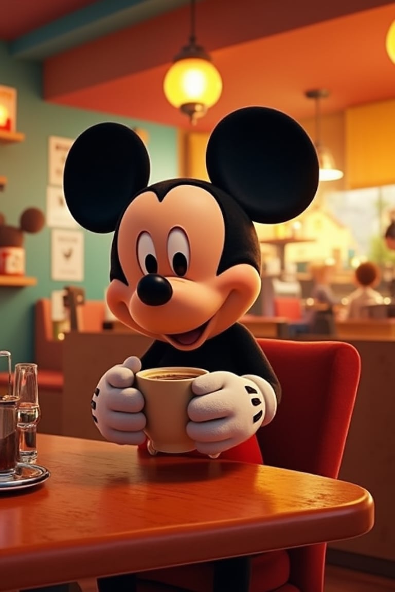 Pixar-style animation, Hanna-Barbera cartoon, Mickey Mouse sitting at a vibrant, cozy restaurant, holding a cup of coffee, cheerful lighting, detailed background with animated characters, dynamic composition, playful atmosphere, vibrant colors, mid-shot framing.