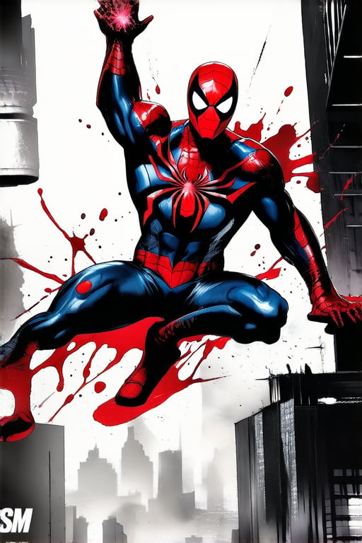   Spidermsn dramatic, clung to a building suit battle damamged,  city background, elegant, emotionally profound, dark, dramatic light, in the style of mike deodato, realistic detail, hyper-detailed, realistic painted, very intricate,illustration,Ink splashes, bold lines, dynamic poses,Ink splashes, bold lines, dynamic poses