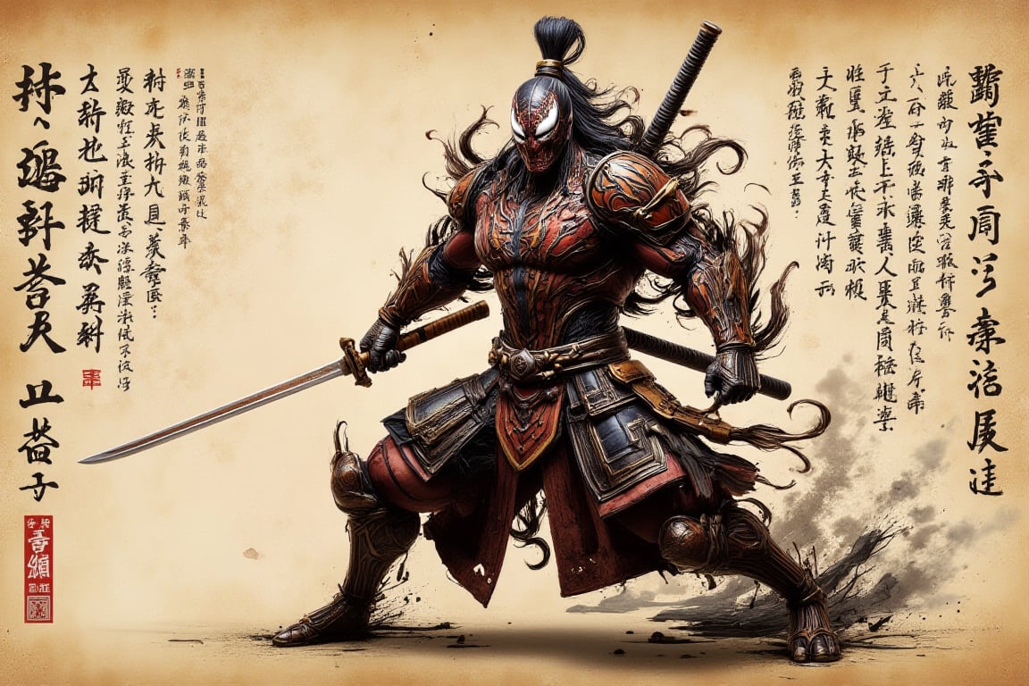 Create a visually striking image featuring a 12th-century samurai version of Marvel's Snull. The character should be depicted in a traditional samurai uniform, complete with intricate armor details and a formidable samurai sword. Capture the moment in a classic samurai stance, emphasizing both strength and agility. The artwork should be presented on aged rice paper to enhance its authenticity, with elegant Japanese calligraphy surrounding the image to narrate the story of the symbiote samurai. The writing should explain the fusion of the symbiote with the samurai culture, creating an imaginative blend of historical and fictional elements. Focus on maintaining a balance between the traditional aesthetic and the dynamic, otherworldly presence of Snull, highlighting textures and contrasts to enrich the visual narrative.