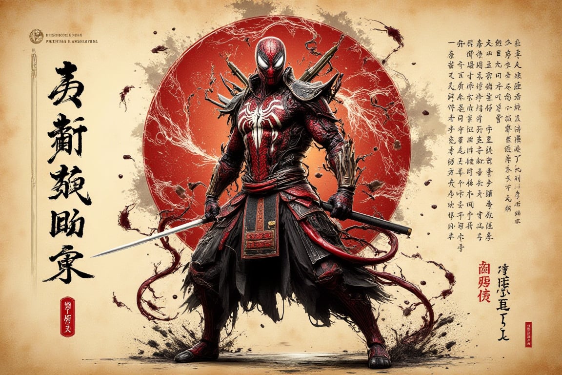 Create a visually striking image featuring a 12th-century samurai version of Marvel's Toxin. The character should be depicted in a traditional samurai uniform, complete with intricate armor details and a formidable samurai sword. Capture the moment in a classic samurai stance, emphasizing both strength and agility. The artwork should be presented on aged rice paper to enhance its authenticity, with elegant Japanese calligraphy surrounding the image to narrate the story of the symbiote samurai. The writing should explain the fusion of the symbiote with the samurai culture, creating an imaginative blend of historical and fictional elements. Focus on maintaining a balance between the traditional aesthetic and the dynamic, otherworldly presence of Toxin, highlighting textures and contrasts to enrich the visual narrative.