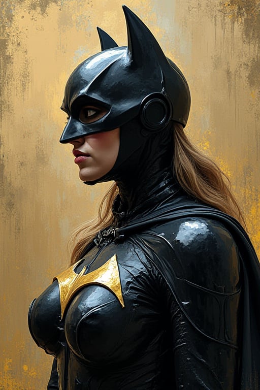 Impasto oil painting of Batgirl iconic batsuit suit and full mask, heavy strokes, textured, by Kaethe Butcher, Greg Tocchini, Hajime Sorayama, Jeremy Mann, Carne Griffiths, Robert Oxley, stunning digital illustration, elegant, calm, mysterious, digital painting, expressionism style, very intricate, unforgettable be able to see the brushstrokes, thick oil paint