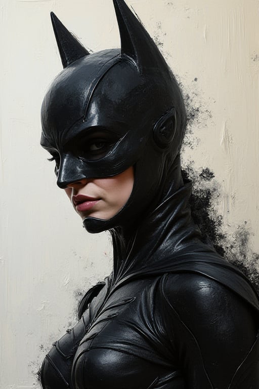 Impasto oil painting of Batgirl iconic batsuit suit and full mask, heavy strokes, textured, by Kaethe Butcher, Greg Tocchini, Hajime Sorayama, Jeremy Mann, Carne Griffiths, Robert Oxley, stunning digital illustration, elegant, calm, mysterious, digital painting, expressionism style, very intricate, unforgettable be able to see the brushstrokes, thick oil paint