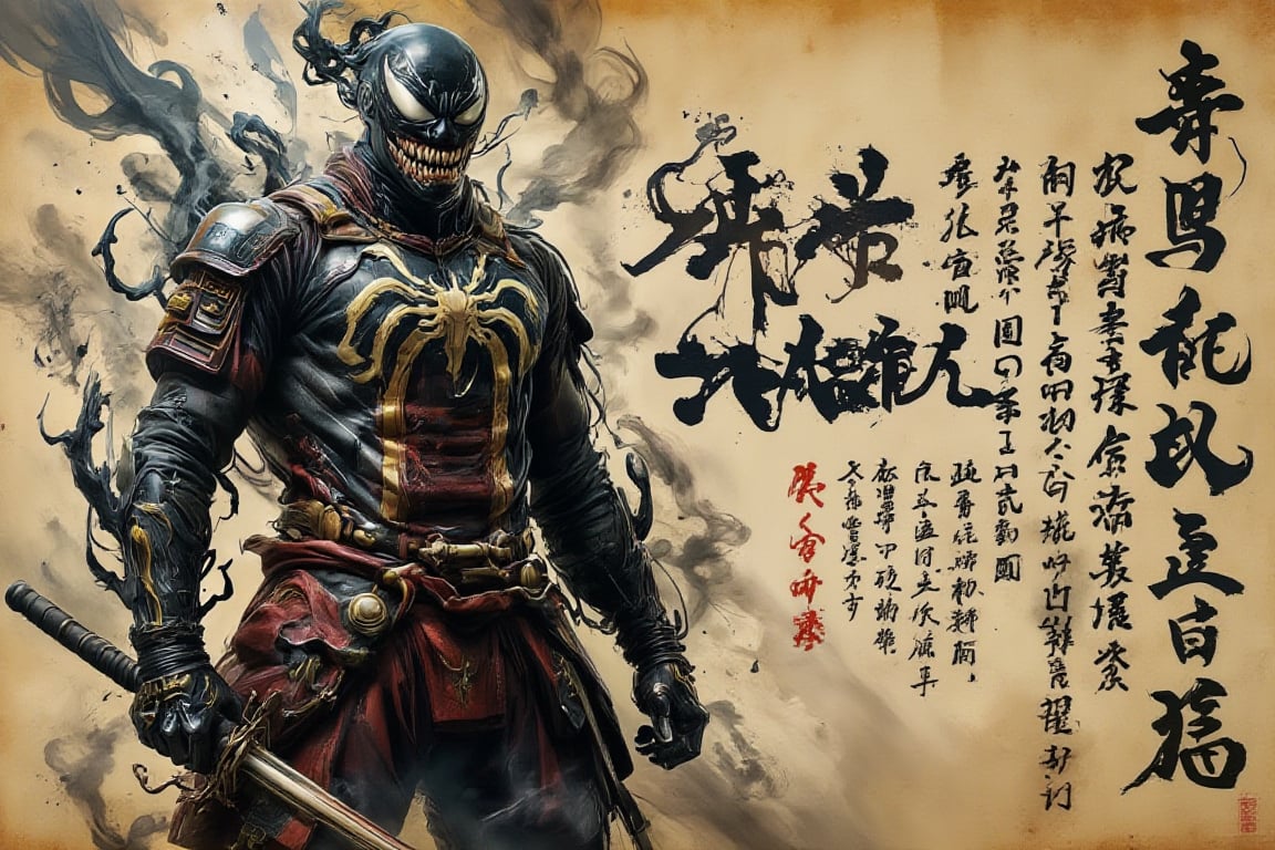 Create a visually striking image featuring a 12th-century samurai version of Marvel's Venom. The character should be depicted in a traditional samurai uniform, complete with intricate armor details and a formidable samurai sword. Capture the moment in a classic samurai stance, emphasizing both strength and agility. The artwork should be presented on aged rice paper to enhance its authenticity, with elegant Japanese calligraphy surrounding the image to narrate the story of the symbiote samurai. The writing should explain the fusion of the symbiote with the samurai culture, creating an imaginative blend of historical and fictional elements. Focus on maintaining a balance between the traditional aesthetic and the dynamic, otherworldly presence of Venom, highlighting textures and contrasts to enrich the visual narrative.