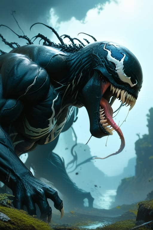 A terrifyingly majestic ambiote creature Marvel' character Venom is seen, half-alien and half-mammalian, in the throes of a free fall. Venom'  elongated tongue, tipped with a vicious barb reminiscent of a venom-filled snake, extends from its snarling jaws, which are lined with razor-sharp teeth. As Venom plummets, the venom coating his tongue glistens, hinting at its deadly capabilities. his eyes, a piercing mix of rage and fear, are the only source of light in this otherwise enshrouded scene. The free fall is captured in a dramatic moment of suspense, with the creature's limbs outstretched as if reaching for salvation or perhaps to deliver a lethal strike upon landing. The torn web and the creature's ripped flesh serve as stark reminders of the brutal struggle that preceded this plummet, leaving the viewer to wonder about the fate that awaits it in the abyss below., adventure, golden hour, cool-toned color grading, low-angle shot