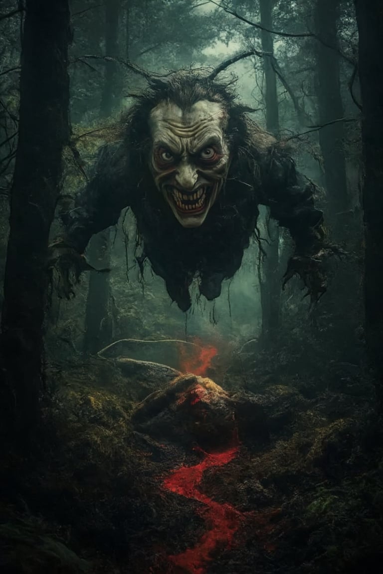 A haunting mid-air shot frames the bloodthirsty vampire's triumphant moment, as he hovers above his ravishing victim's lifeless form. The dimly lit forest canopy casts long shadows, while the crimson trail suspends the viewer's gaze. The vampire's eyes blaze with unholy intensity, fangs bared in a snarl, against a backdrop of ominous darkness and eerie greenish-blue hues.