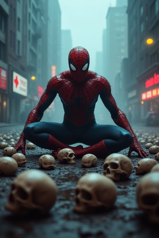 spiderman,  skulls on the floor, foggy background, dystopic, centered, highly detailed, vibrant colors, intricate, ultra hd, sharp focus, bokeh, film grain, raw photo, analog style, Luis Royo style