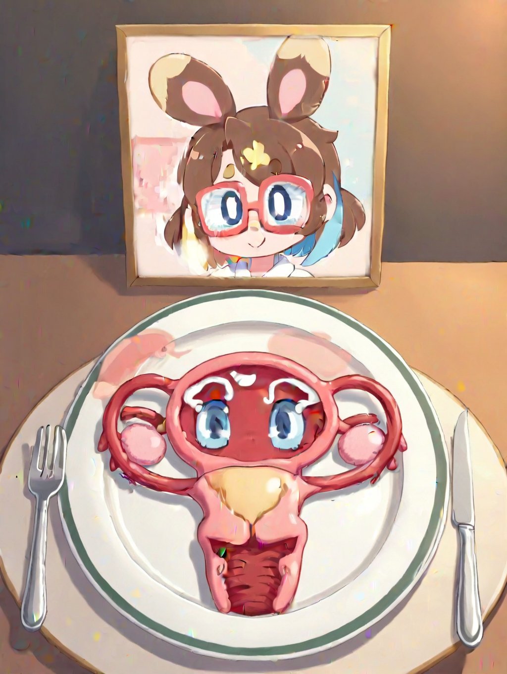 UteFod,uterus and ovaries on a plate,framed photo,framed photo in front of plate,knife and fork on the sides.,Raespark,Short brown hair,White shirt,Glasses,Multicolored hair,Bunny ears, Blue eyes