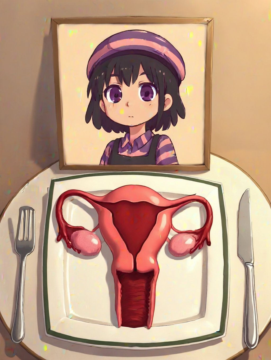 UteFod,uterus and ovaries on a plate,framed photo,framed photo in front of plate,knife and fork on the sides.,Fantagoria,Pointed hat with pink and purple stripes,Long-sleeved shirt with pink and purple,short hair,Black hair