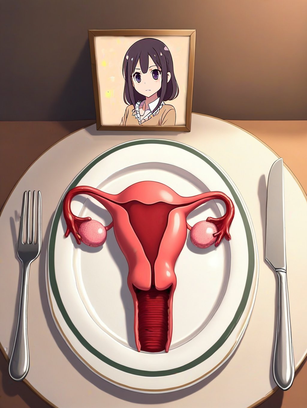 UteFod,uterus and ovaries on a plate,framed photo,framed photo in front of plate,knife and fork on the sides.,Gokussj10