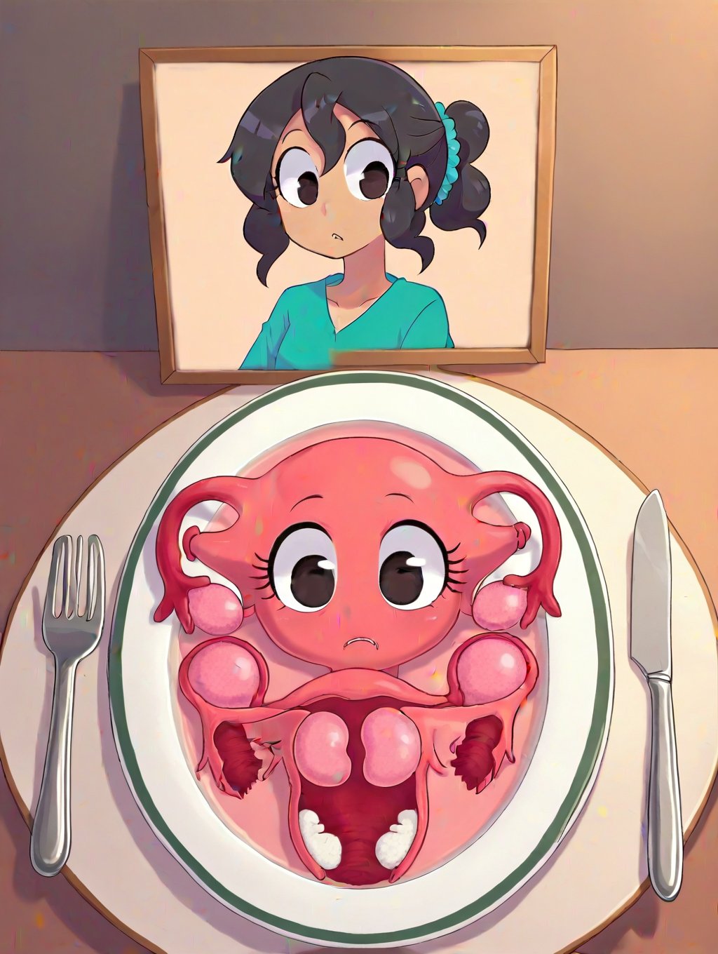 UteFod,uterus and ovaries on a plate,framed photo,framed photo in front of plate,knife and fork on the sides,Elena,1girl,aquamarine shirt,tanned skin,black eyes,long black hair