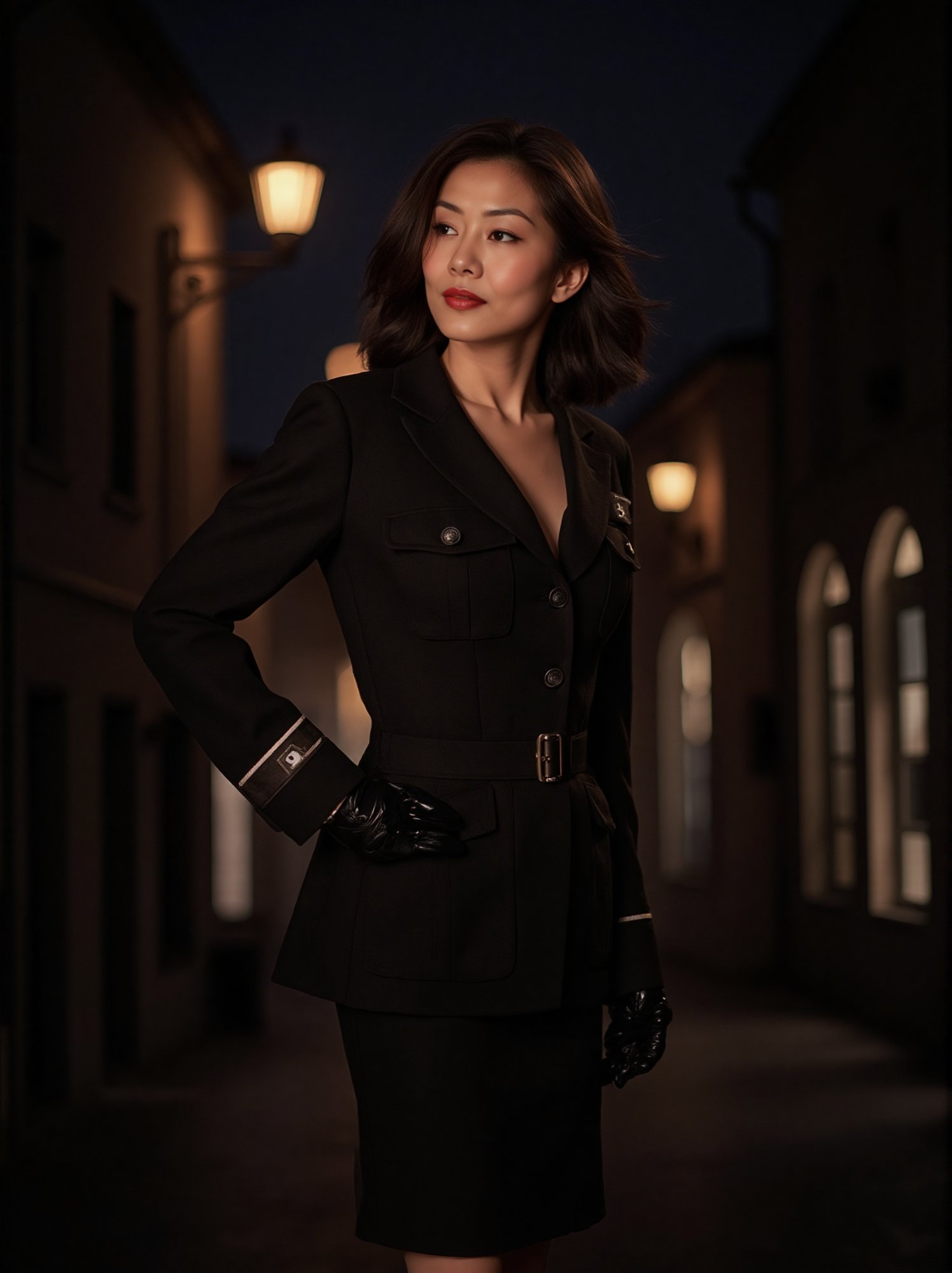 In a dimly lit street view, illuminated only by the soft glow of lanterns, a sultry WWII German SS female officer, dressed in a high-quality, low-cut military uniform, stands confidently. The artwork is reminiscent of Bernardini's detailed painting style, with Olivia de Poster art by Gil Elfger: 1.2. Her expressiveness and rates of safety are elevated as she poses, exuding a sense of power and sophistication.