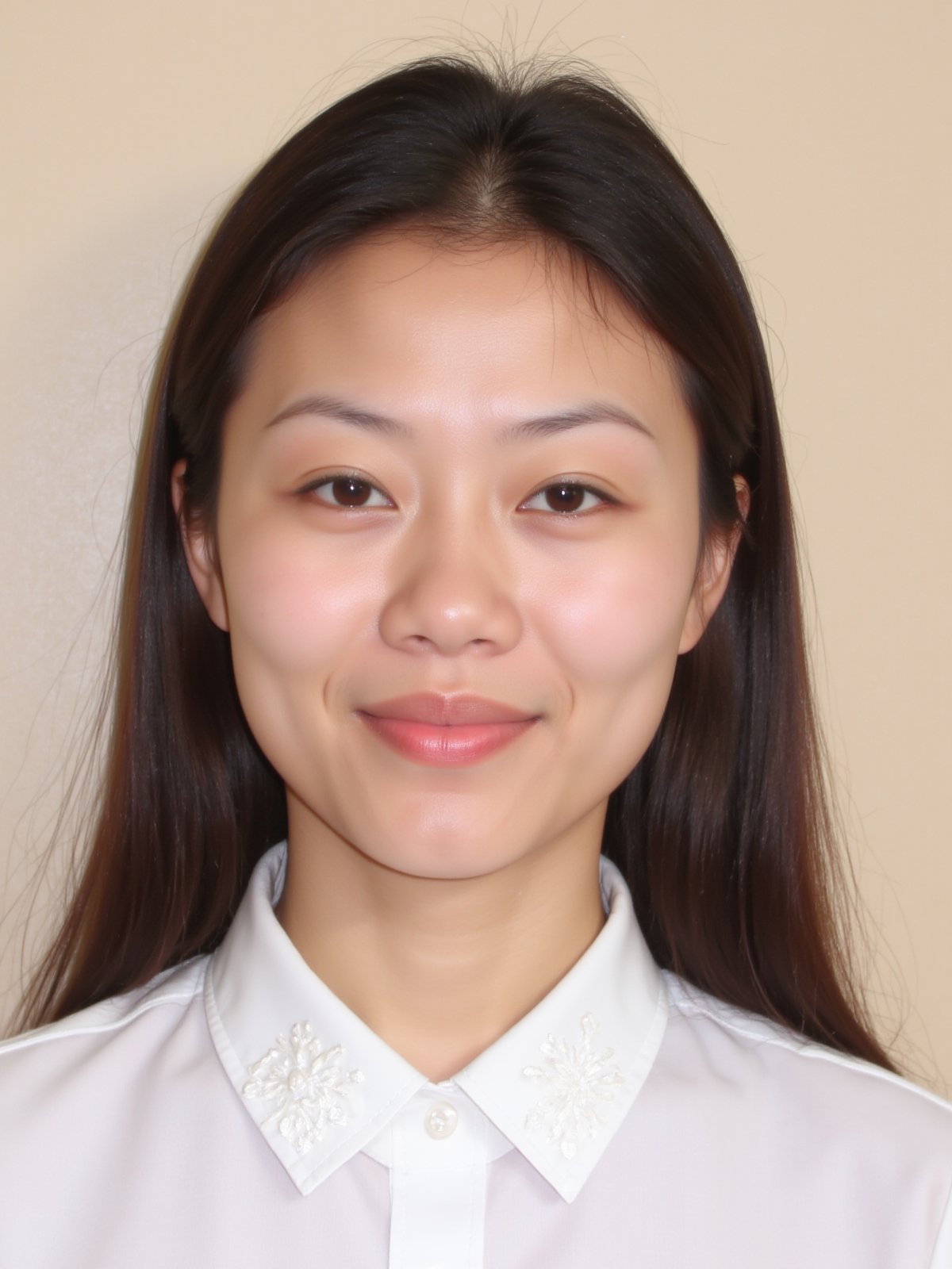 A close-up shot of a young Asian woman with long dark brown hair and brown eyes. She is wearing a white collared button down shirt with white embroidery on the collar. Her lips are a vibrant shade of pink. Her eyebrows are a light brown and her eyes are a darker shade of brown. She has a slight smile on her face. The backdrop is a light beige wall.