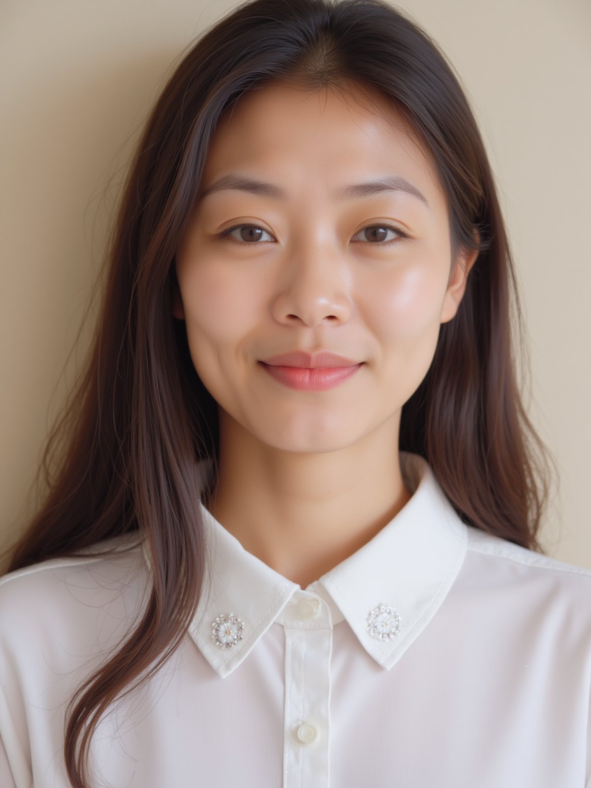 A close-up shot of a young Asian woman with long dark brown hair and brown eyes. She is wearing a white collared button down shirt with white embroidery on the collar. Her lips are a vibrant shade of pink. Her eyebrows are a light brown and her eyes are a darker shade of brown. She has a slight smile on her face. The backdrop is a light beige wall.