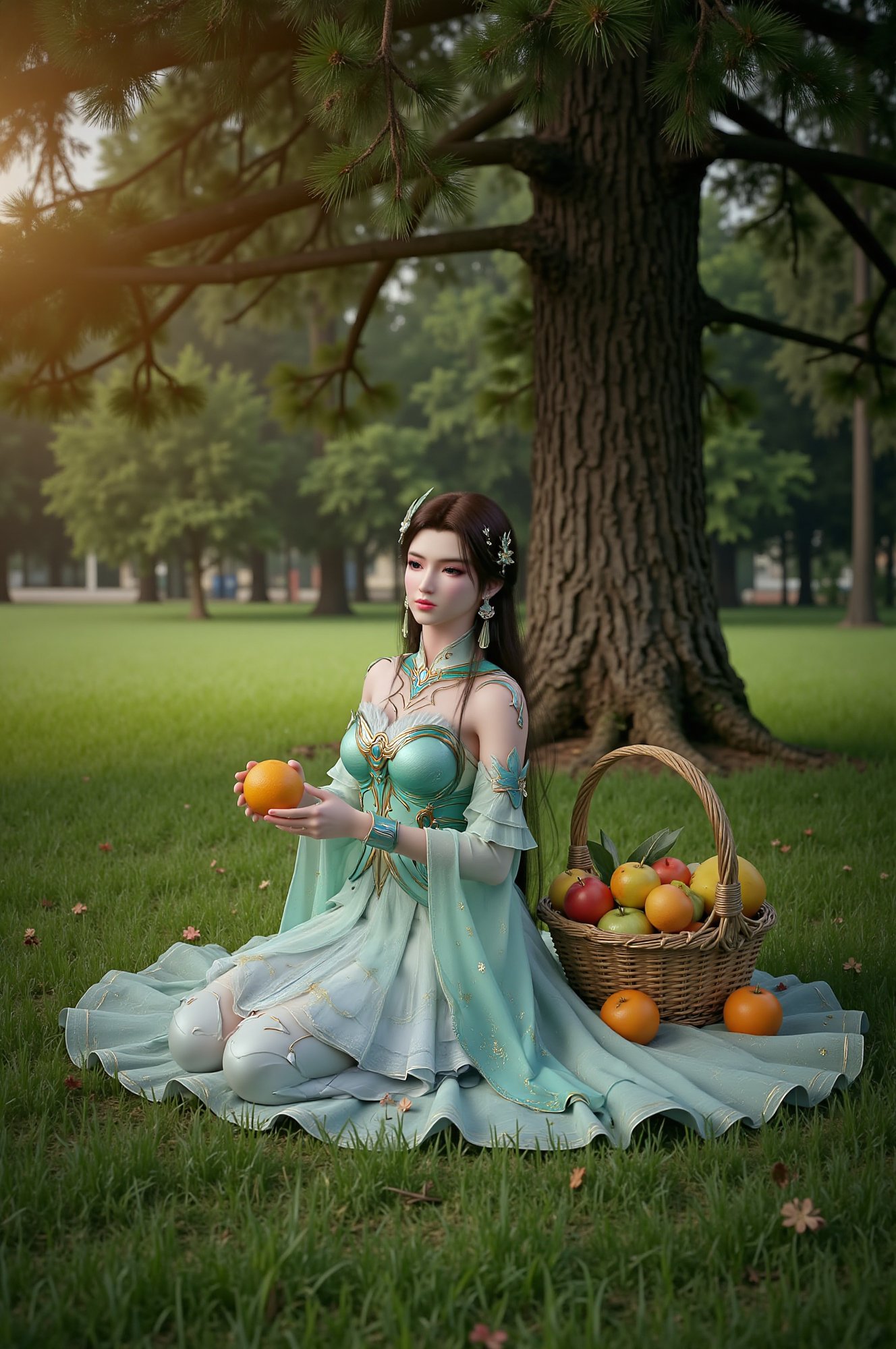 Princess sitting majestically on lush green grass,  surrounded by serenity beneath the towering pine tree's branches. She...