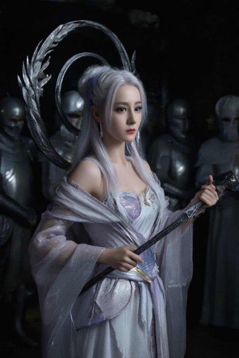 Close-up portrait of Dilmurat, a White hair warrior girl illuminated by the soft glow of a flashlight, her features sharp and determined as she assumes a fighting stance. Her white ancient attire shines with a subtle sheen, adorned with a large circle decoration that floats behind her shoulders like a halo. In the dimly lit background, a group of masked armor warriors stand guard, their faces obscured by the shadows.