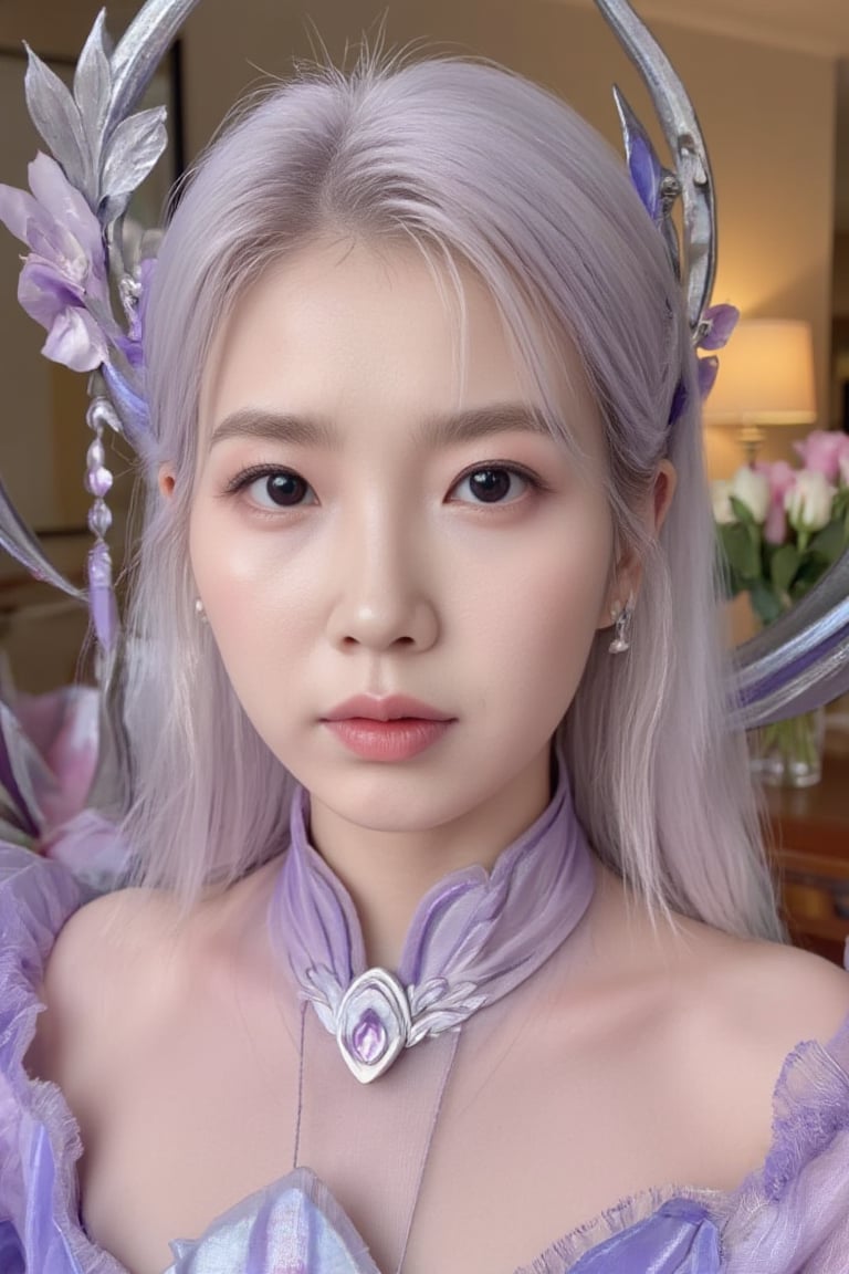 white hair LeeJiEun_ IU's captivating gaze dominates the frame as she poses in a breathtaking purple elegance perikecilarmor dress, its intricate details illuminated by soft studio light. Warm rim and back lights accentuate her porcelain doll-like complexion, while a room filled with roses creates a romantic ambiance. Close-up shots highlight perfectly defined eyes and detailed skin tones, showcasing her flawless beauty without imperfections.