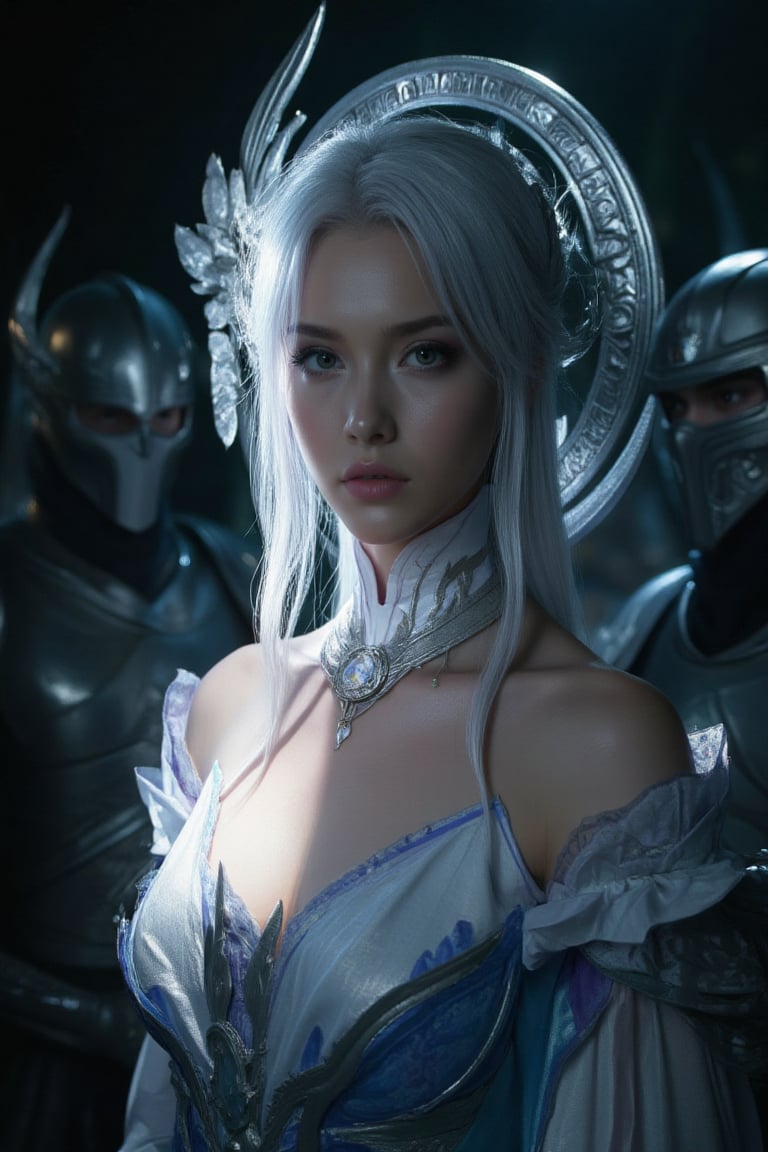 Close-up portrait of warrior princess, a White hair warrior girl illuminated by the soft glow of a flashlight, her features sharp and determined as she assumes a fighting stance. Her white ancient attire shines with a subtle sheen, adorned with a large circle decoration that floats behind her shoulders like a halo. In the dimly lit background, a group of masked armor warriors stand guard, their faces obscured by the shadows.,FLASH,perikecil