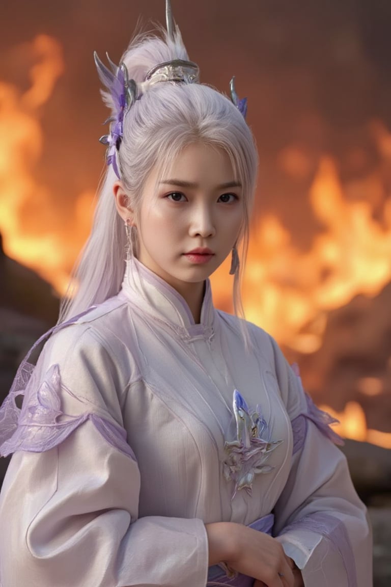 White hair LeeJiEun, dressed in white ancient attire, assumes a powerful fighting stance against the fiery backdrop of Larva Inferno Mountain. The camera captures her from the waist up, emphasizing her determination as she stands firm amidst the intense flames. Backlit by warm tones and rim-lit with cool highlights, IU's piercing gaze seems to pierce through the inferno itself.