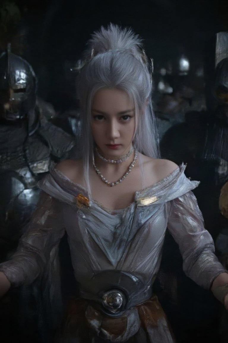 Close-up shot of Dilara's determined face, her white hair illuminated by the warm glow of a flashlight, as she stands firm in a fighting stance. The ancient attire, adorned with a large circular decoration, frames her features. In the background, a group of masked armor warriors encircles her, their faces obscured by shadows. Her intense gaze and poised posture command attention, as if ready to take on the unknown forces surrounding her.