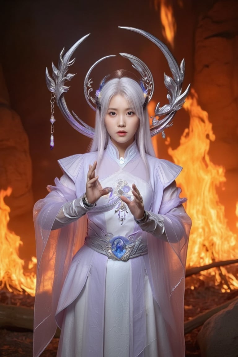 White hair LeeJiEun lit by flashlight, dressed in white ancient attire, assumes a powerful fighting stance against the fiery backdrop of Larva Inferno Mountain. The camera captures her from the waist up, emphasizing her determination as she stands firm amidst the intense flames. Backlit by warm tones and rim-lit with cool highlights, IU's piercing gaze seems to pierce through the inferno itself.,FLASH