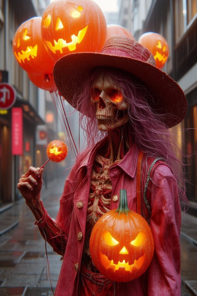 Hyper realism a old lady fly cling at a bunches balloon made from Jack-o'-lantern, wearing a farmer hat, pinky coloured, hold eating a Jack-o'-lantern lollipop and the other hand is holding a Jack-o'-lantern balloons, longer pinky haired, , wearing pinky ceramic shirt , holding a big Jack-o'-lantern back backpacks.,Lux render optimizing 