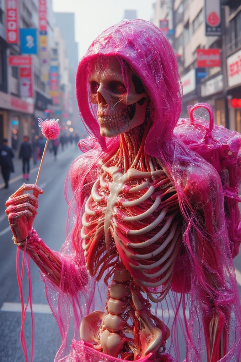 Hyper realism, A mechanical mecha skeleton hold eating a lollipop, pinky coloured , longer pinky haired, wearing pinky ceramic a hoodie cloak , candy back pack, candy world background.