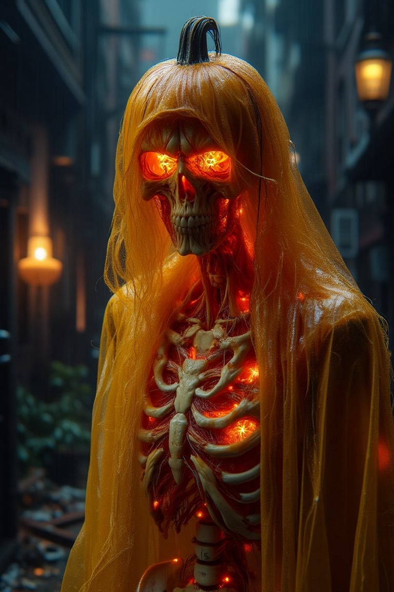 a skeleton Jack O' Lantern, The pumpkin is intricately carved with a grinning 
To the head of the skeleton, glowing flaming, Wearing yellow LaTeX Cloak, with an eerie, at a horror-themed Halloween event, set in a dark, eerie Horror 🎃 🎃 Building.  flickering 🎃-candlelight. The scene is illuminated by dim, casting long shadows and enhancing the spooky atmosphere. The composition is centered, with the Jack O' Lantern in focus, surrounded by dark, ominous surroundings.