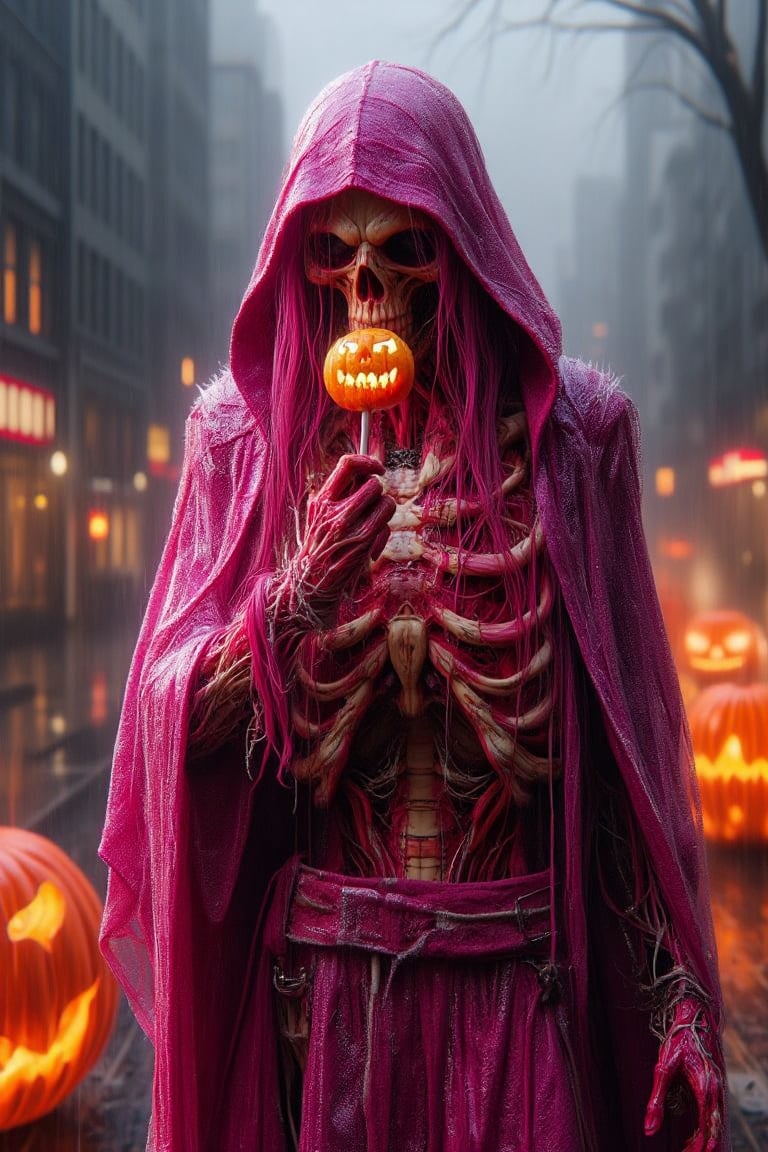 Hyper realism a SCARECROW, pinky coloured, hold eating a Jack-o'-lantern lollipop,  , longer pinky haired, wearing a scarecrow hat, wearing pinky ceramic a hoodie cloak , holding a big Jack-o'-lantern back backpacks, Megasize Jack-o'-lanterns world background.,Lux render optimizing 