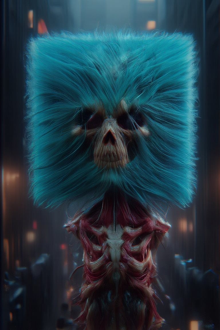 A creature is a skull fluffy cube character in a vibrant turquoise blue fur with lively expressions, with eyes and lipstick wide smiley mouth, 3d intricate,  crimson muscles and veins inner intricate render,   At a flame jungle, Ambient occlusion, octane render, Lux render, Unreal engine optimization (textures).