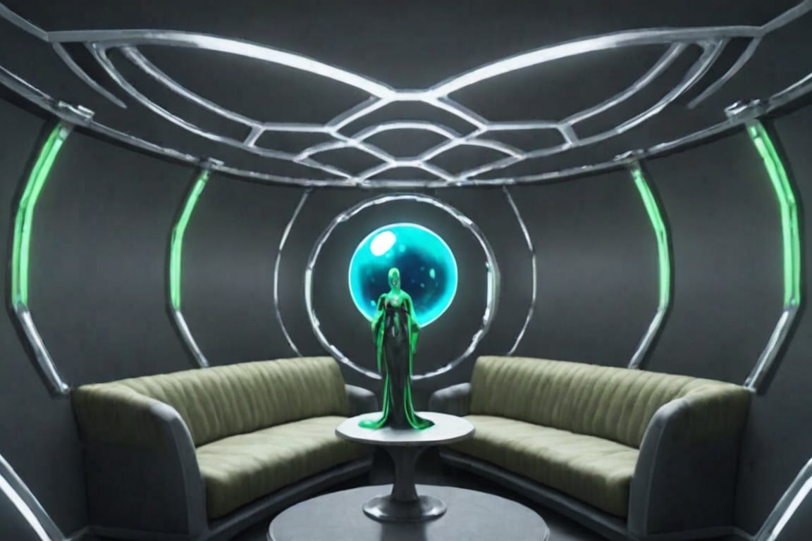 A futuristic alien lair with a sleek,  metallic interior design. A glowing blue orb suspended from the ceiling casts an ot...
